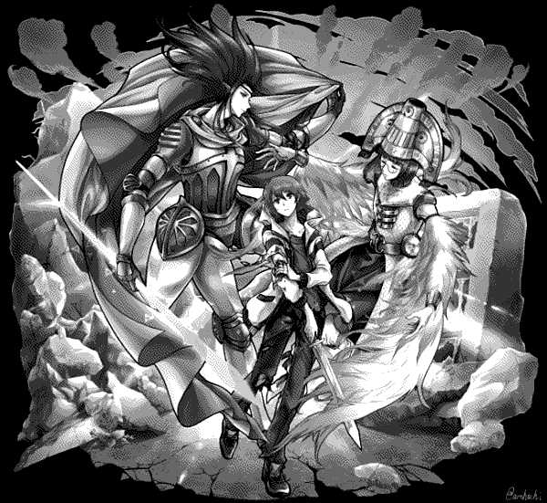 The alter world protagonist clutching his arm as his alter world demons cover for him.