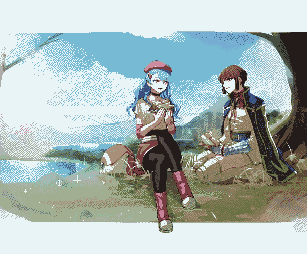 Diel's OC Ayla eating lunch with Isabeau by Lake Mikado.