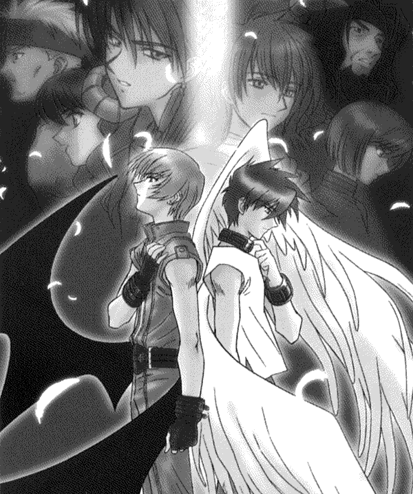 Zero back to back with Abel, with Reprobus, Lupilupi, Gaius, Philip, John and Marco behind them.