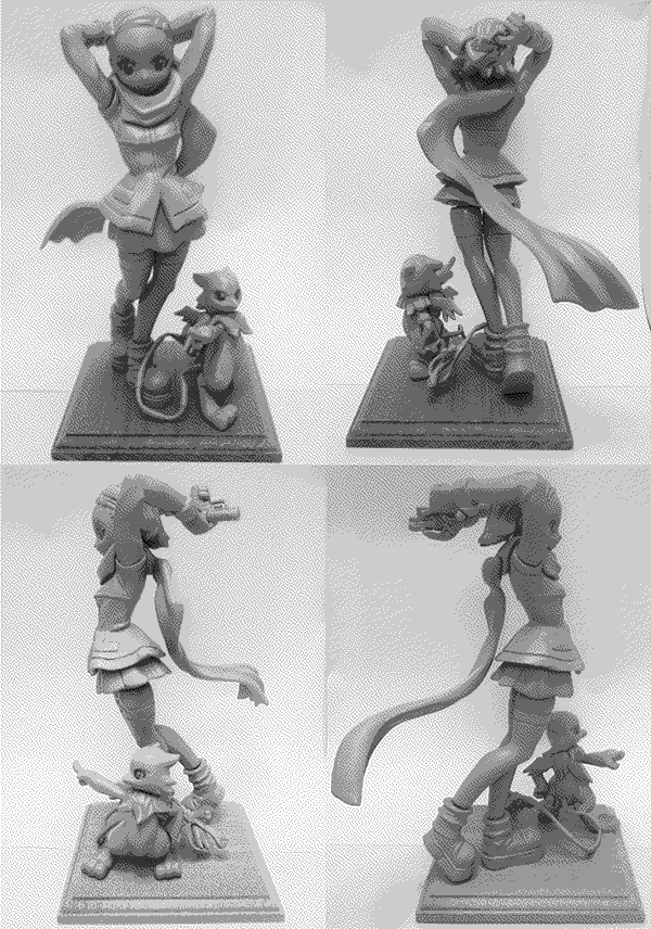 Four panel image of unpainted figures of Mirai and Veil standing on a wood block.