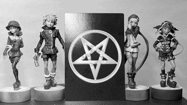 DANDAN's summer Wonder Festival 2023 figures posing next to a Devil Children trading card.