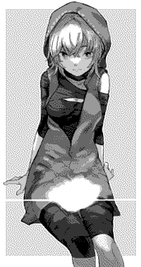 Xana sitting down with her devil downloader in her lap