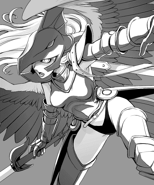 Morrighan leaning forward, engaged in combat.