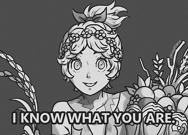 A menacing close up of Demeter with the caption 'I know what you are'.