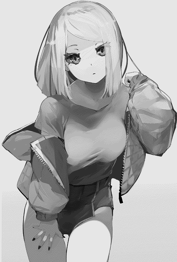 A composed android with black eyes wearing a pair of high waist dolphin shorts and a loose fitting top with jacket slung over the shoulders.