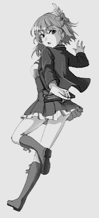 Shiori Koden donning her idol costume and jacket, ready to summon a demon behind her.