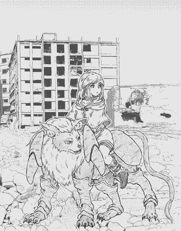 A girl called a witch rides on the back of a giant beast and runs around the ruins.