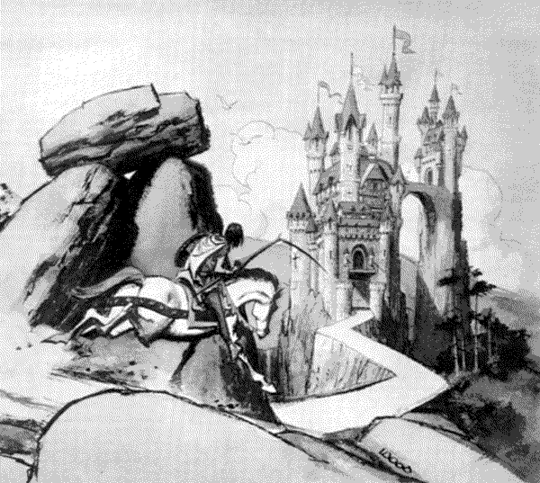 An inked illustration of a battered knight wielding a broken lance heading towards a majestic castle on horseback.