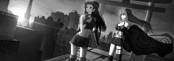 Muro and Matsumi on the rooftops of Tokyo with a giant torii gate in the distance.