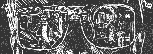 A sketch of a man wearing augmented sunglasses reflecting a series of images of a city at night. The figures are harder to observe from this vantage point.