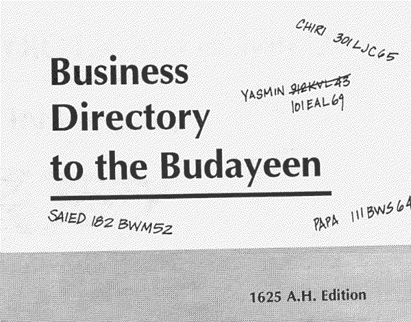 An unassuming cover reading Business Directory to the Budayeen, 1625 A.H. Edition. In the margins are scrawled the following notes; CHIRI 301LJC65, YASMIN 101EAL69, SAIED 182BWM52, PAPA 111BWS64.