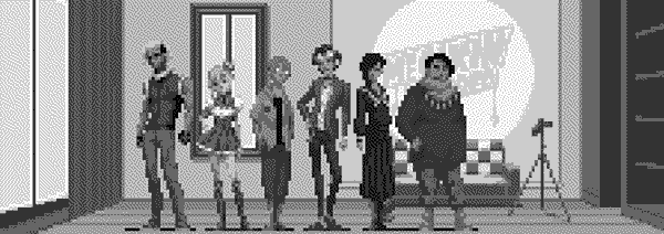Most of the main cast of D2 Megaten rendered in the style of Shin Megami Tensei for the Super Famicom.