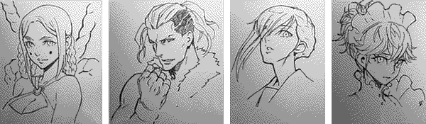 A collage of ink drawings of Himika, Jeng Yun, Rika and Arisa from D2 Megaten.