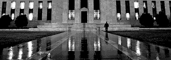 The rain-swept walkway towards a marble library building with a guard stationed in front