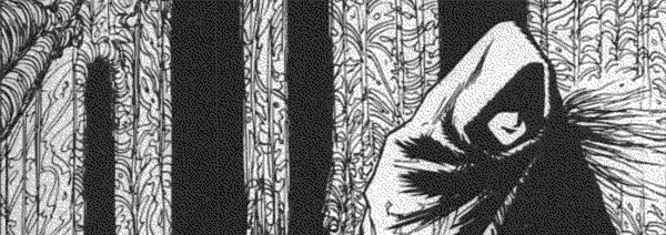 A smiling hooded witch, most of her features covered, walks down a hall of marble and flesh.