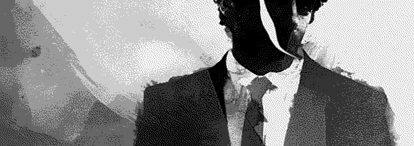 A painting of a suited man smoking a cigarette, his face barely visible.