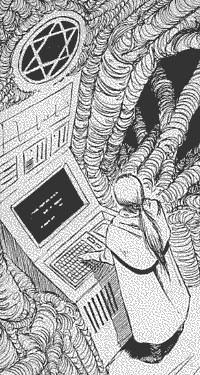 The best friend at an intimidating computer, the Seal of Solomon visible on a screen above him.