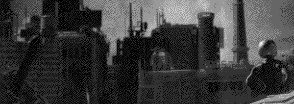 A suited person looks towards a dilapidated urban landscape at sunset.