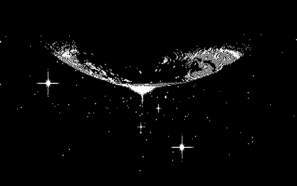 A two colour digital image of a planet in space, a star shining brightly behind it.